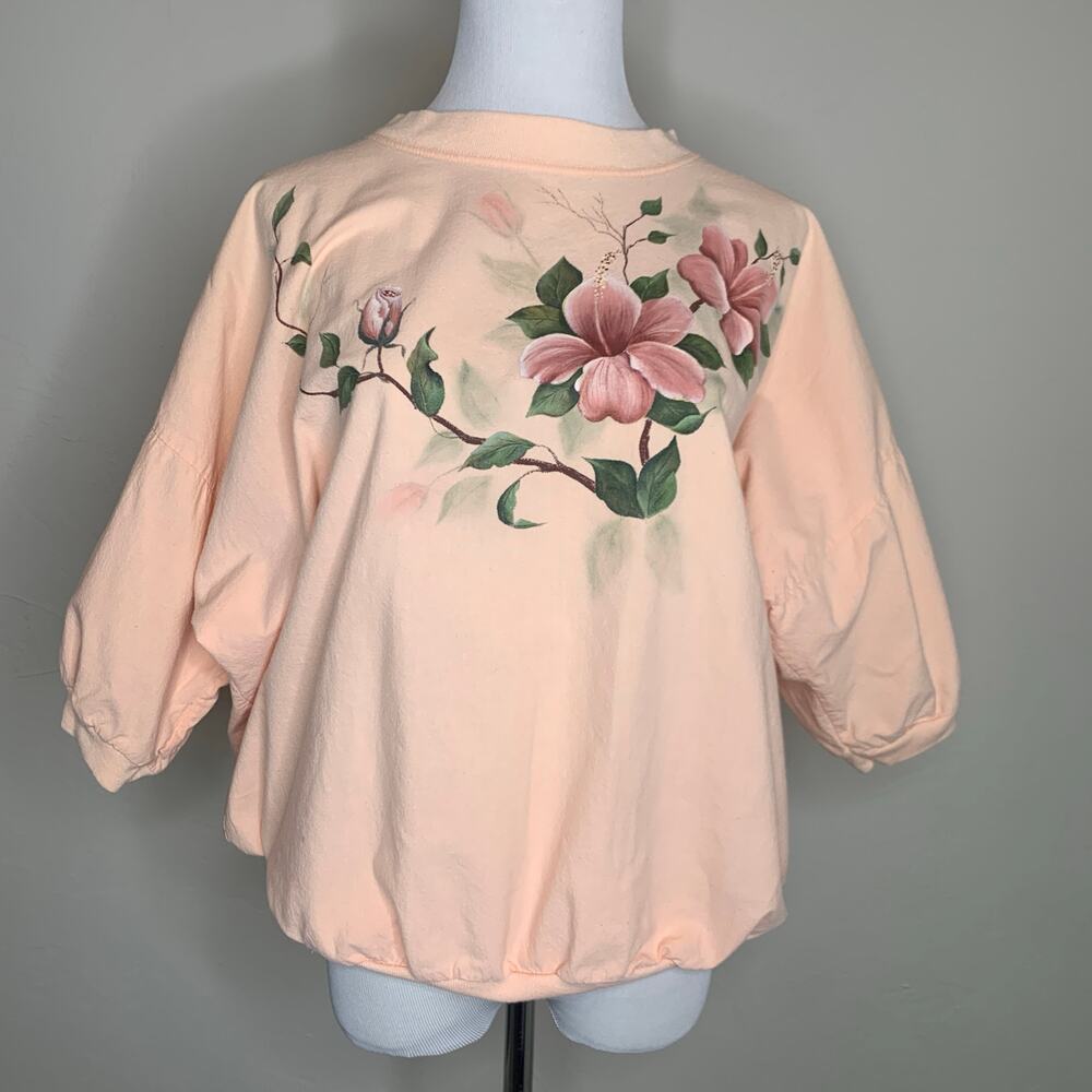 Vintage Peach Painted Flower Popover Top 80s 90s Sz Large